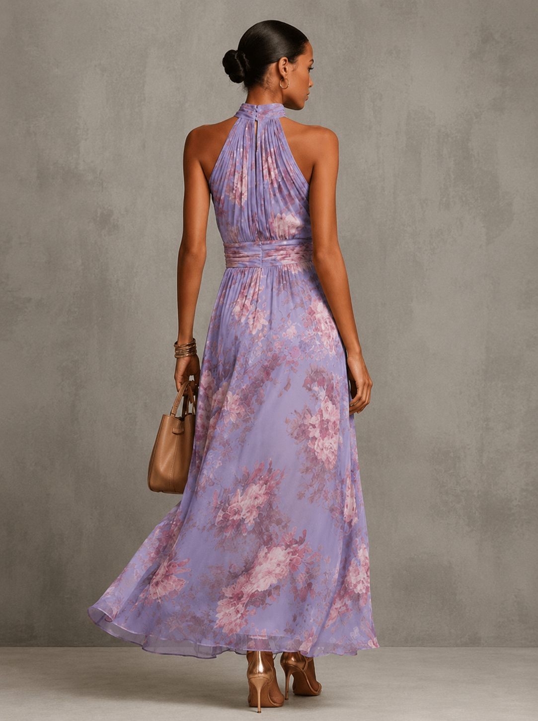 Vestito lungo all'americana in chiffon floreale rosa