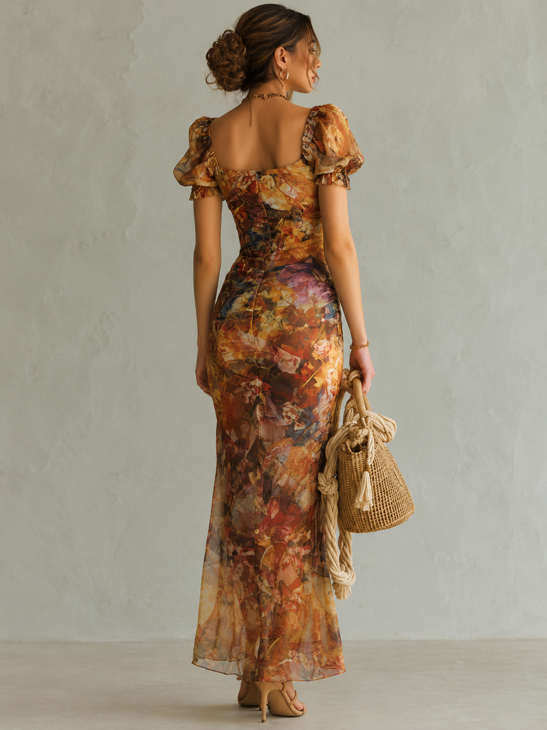 Vestito lungo in chiffon arancione con stampa a olio in stile boho