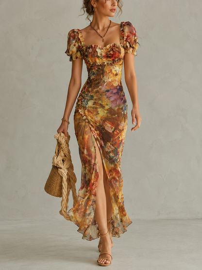 Vestito lungo in chiffon arancione con stampa a olio in stile boho