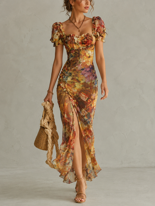 Vestito lungo in chiffon arancione con stampa a olio in stile boho
