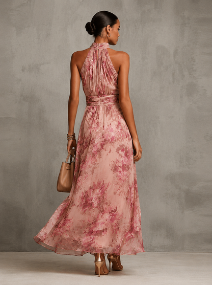 Vestito lungo all'americana in chiffon floreale rosa