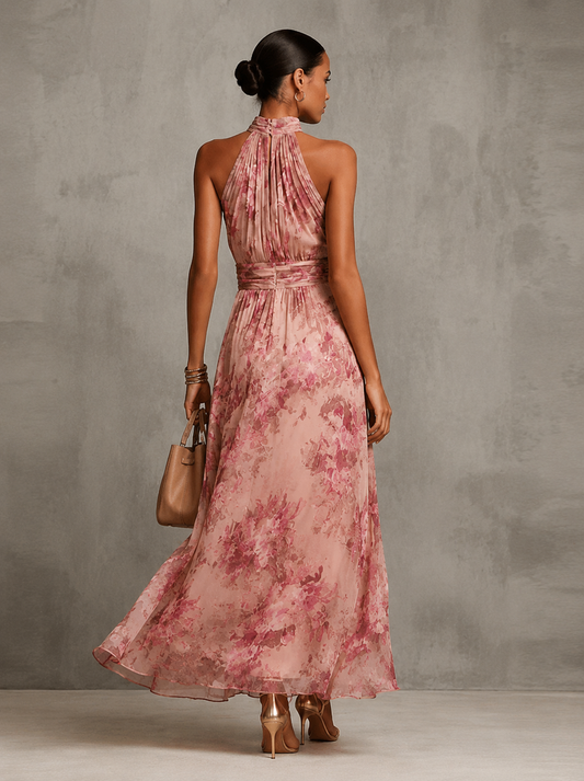Vestito lungo all'americana in chiffon floreale rosa