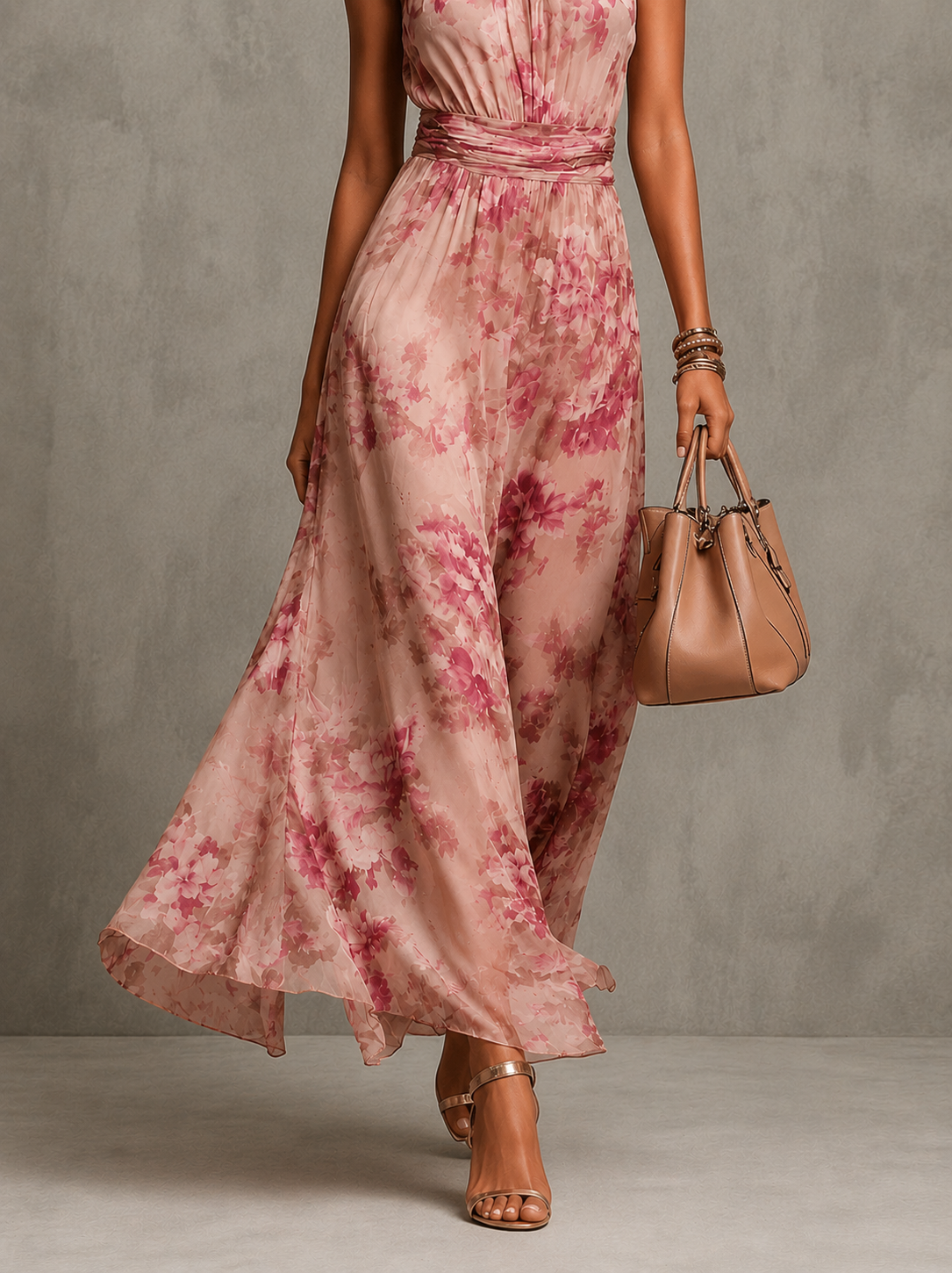 Vestito lungo all'americana in chiffon floreale rosa