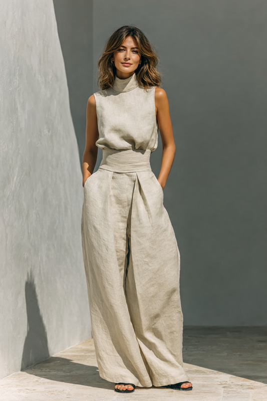 Completo di top e pantaloni ampi in cotone e lino.