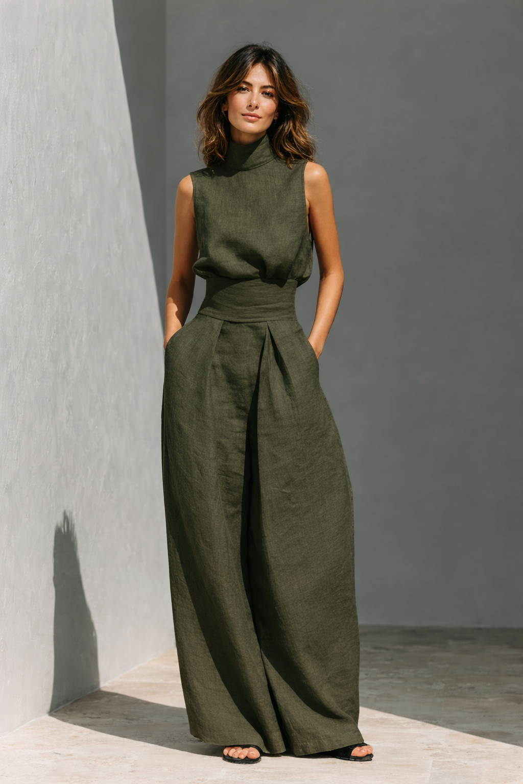 Completo di top e pantaloni ampi in cotone e lino.