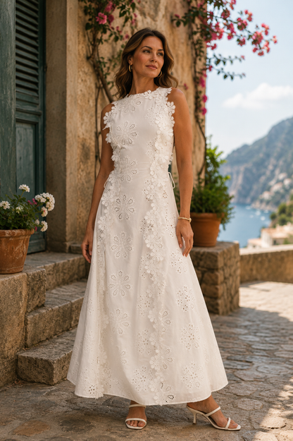 Elegante Vestido Blanco Maxi Bordado