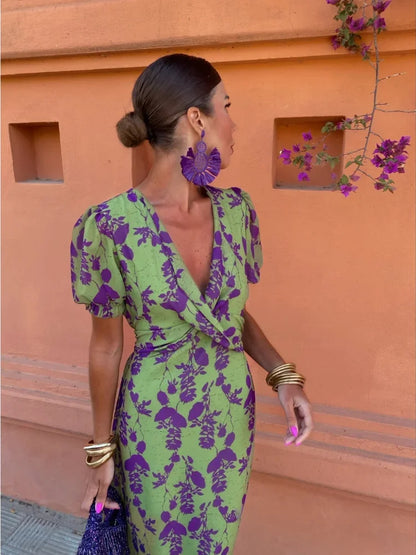 Abito Boho Plissettato Floreale con Scollo a V