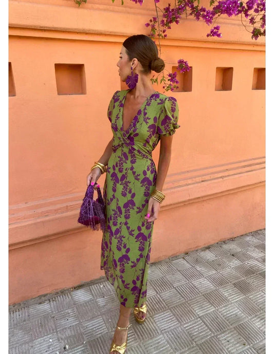 Abito Boho Plissettato Floreale con Scollo a V