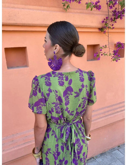 Abito Boho Plissettato Floreale con Scollo a V
