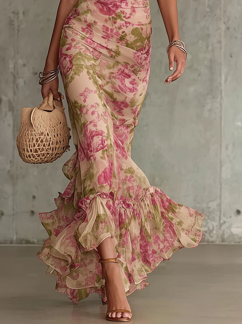 Abito lungo con stampa vintage di rose e maniche a sbuffo