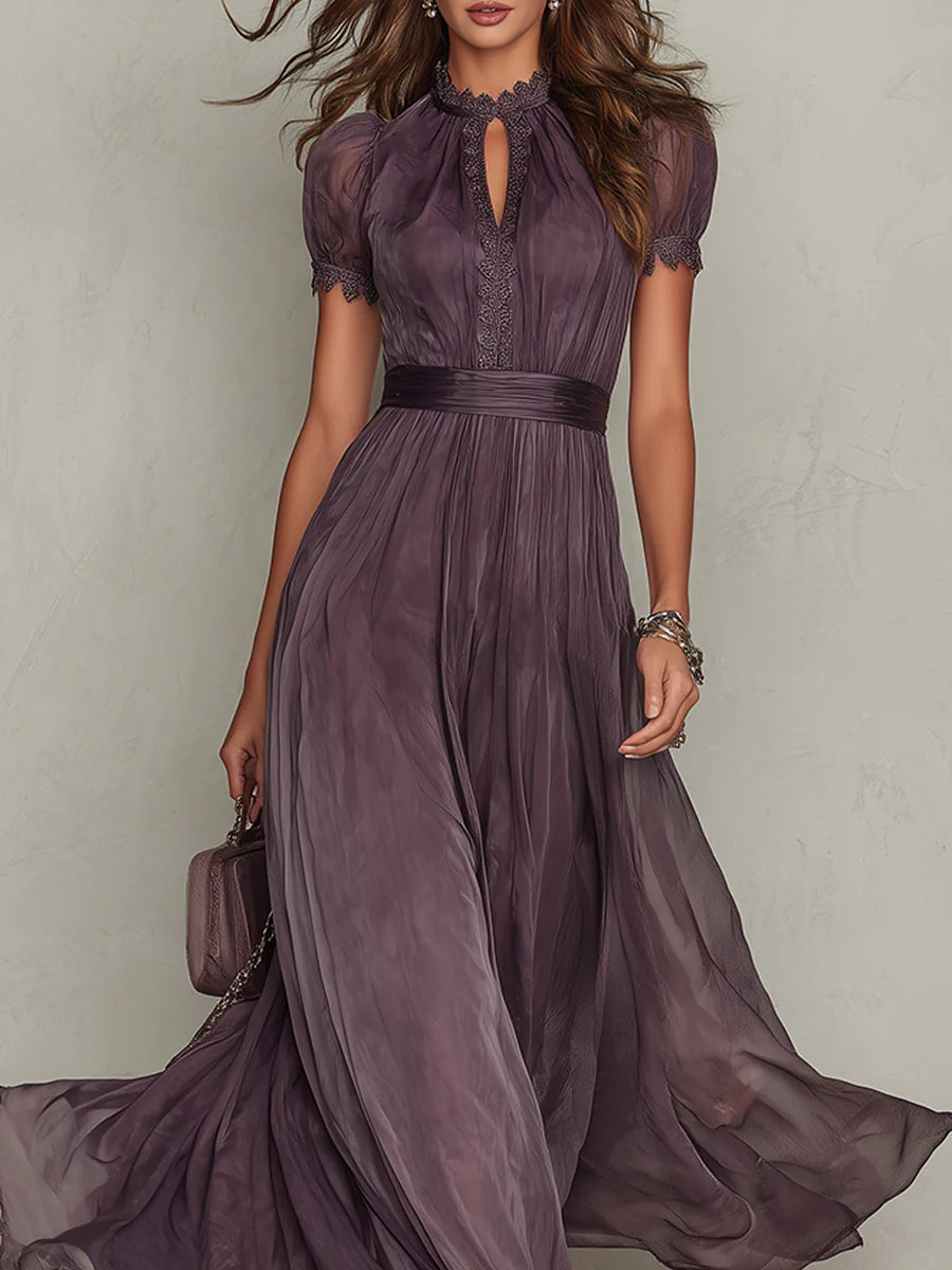 Abito lungo viola con scollo a goccia e bordo in pizzo di chiffon