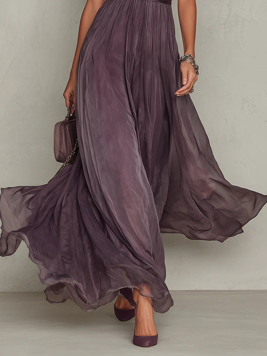 Abito lungo viola con scollo a goccia e bordo in pizzo di chiffon