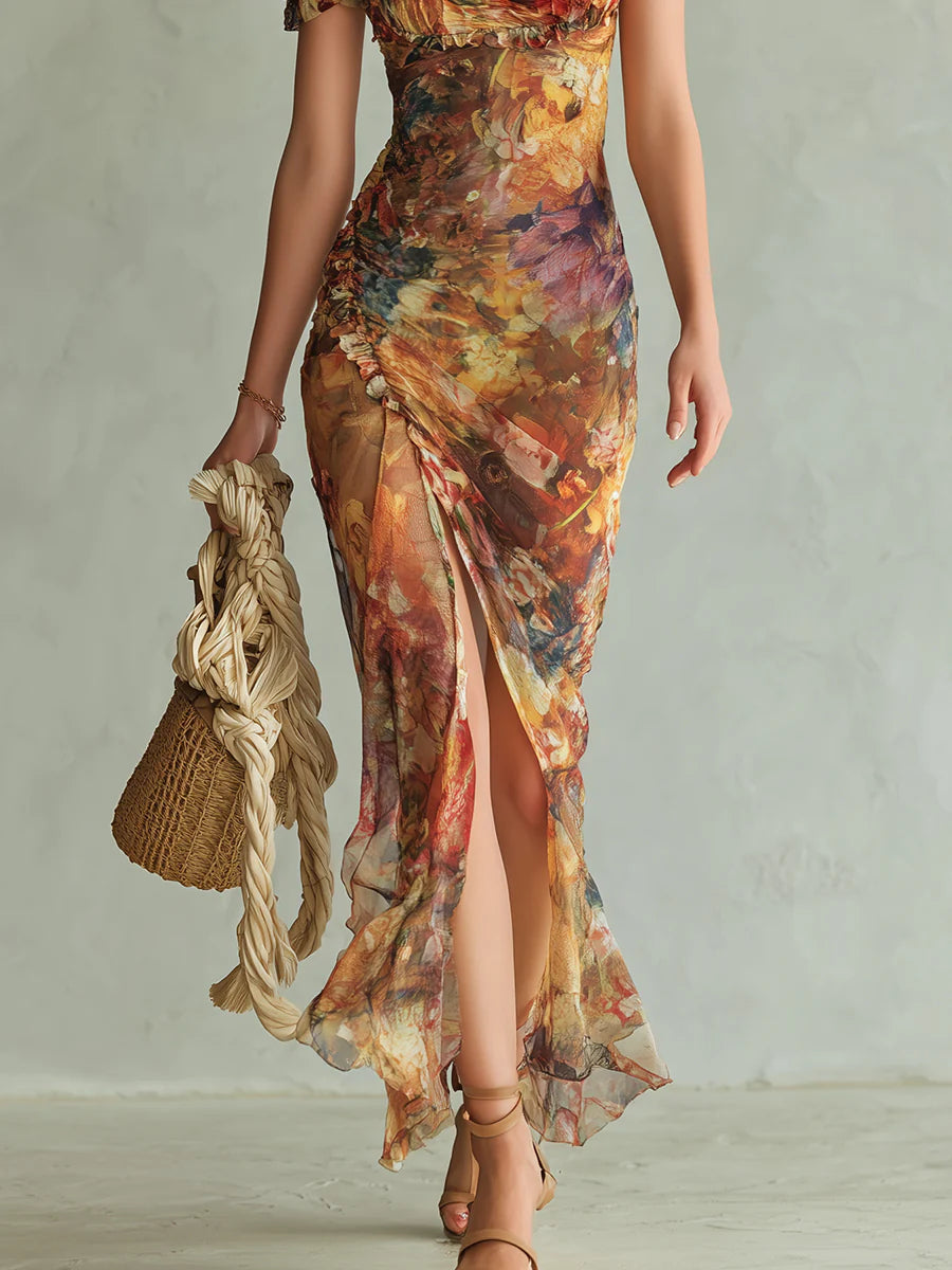 Vestito lungo in chiffon arancione con stampa a olio in stile boho