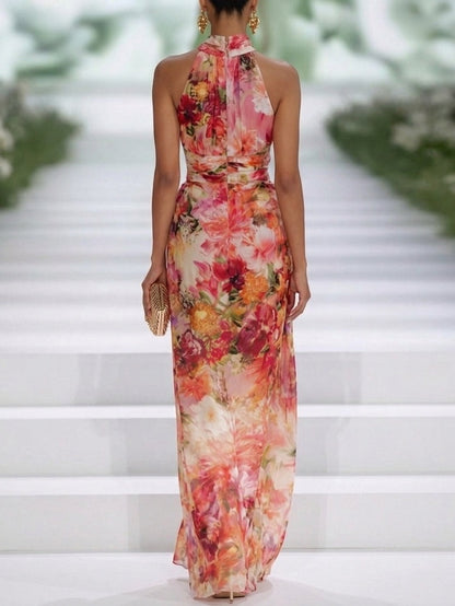 Vestito lungo con scollo all'americana e stampa floreale