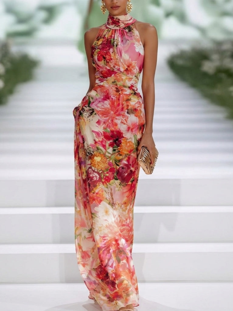 Vestito lungo con scollo all'americana e stampa floreale