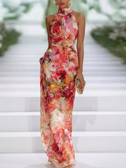 Vestito lungo con scollo all'americana e stampa floreale