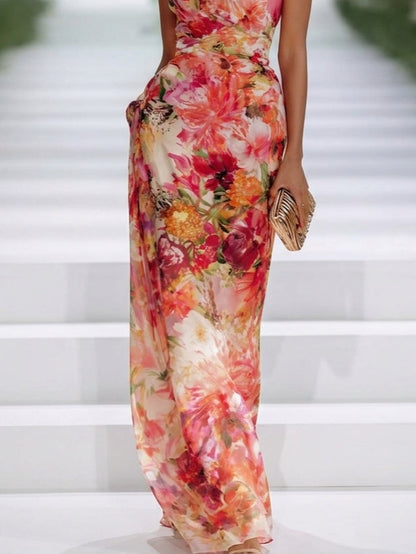 Vestito lungo con scollo all'americana e stampa floreale