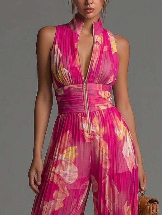 Tuta a maniche corte con stampa floreale rosa, scollo a V e zip