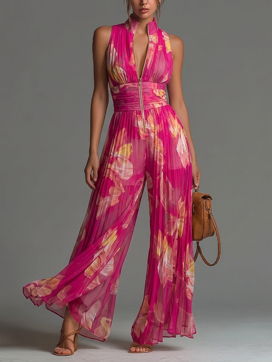 Tuta a maniche corte con stampa floreale rosa, scollo a V e zip