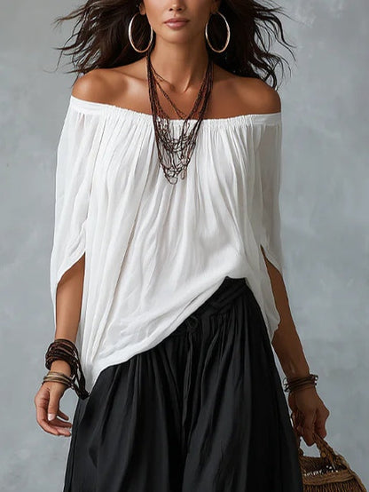 Conjunto de top de hombros descubiertos y pantalón de linterna amplio blanco