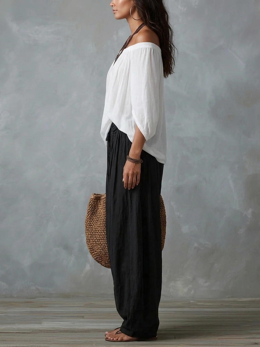 Conjunto de top de hombros descubiertos y pantalón de linterna amplio blanco