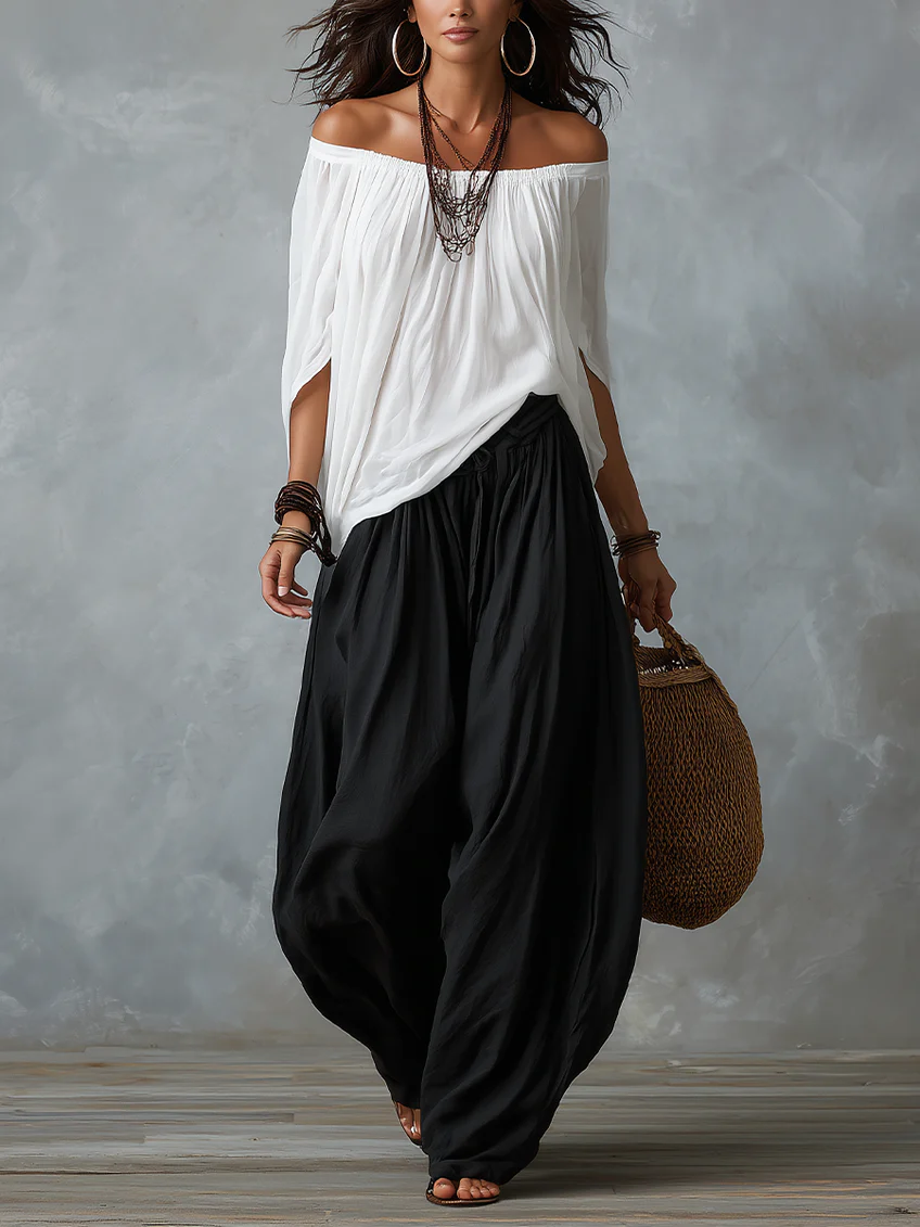 Conjunto de top de hombros descubiertos y pantalón de linterna amplio blanco