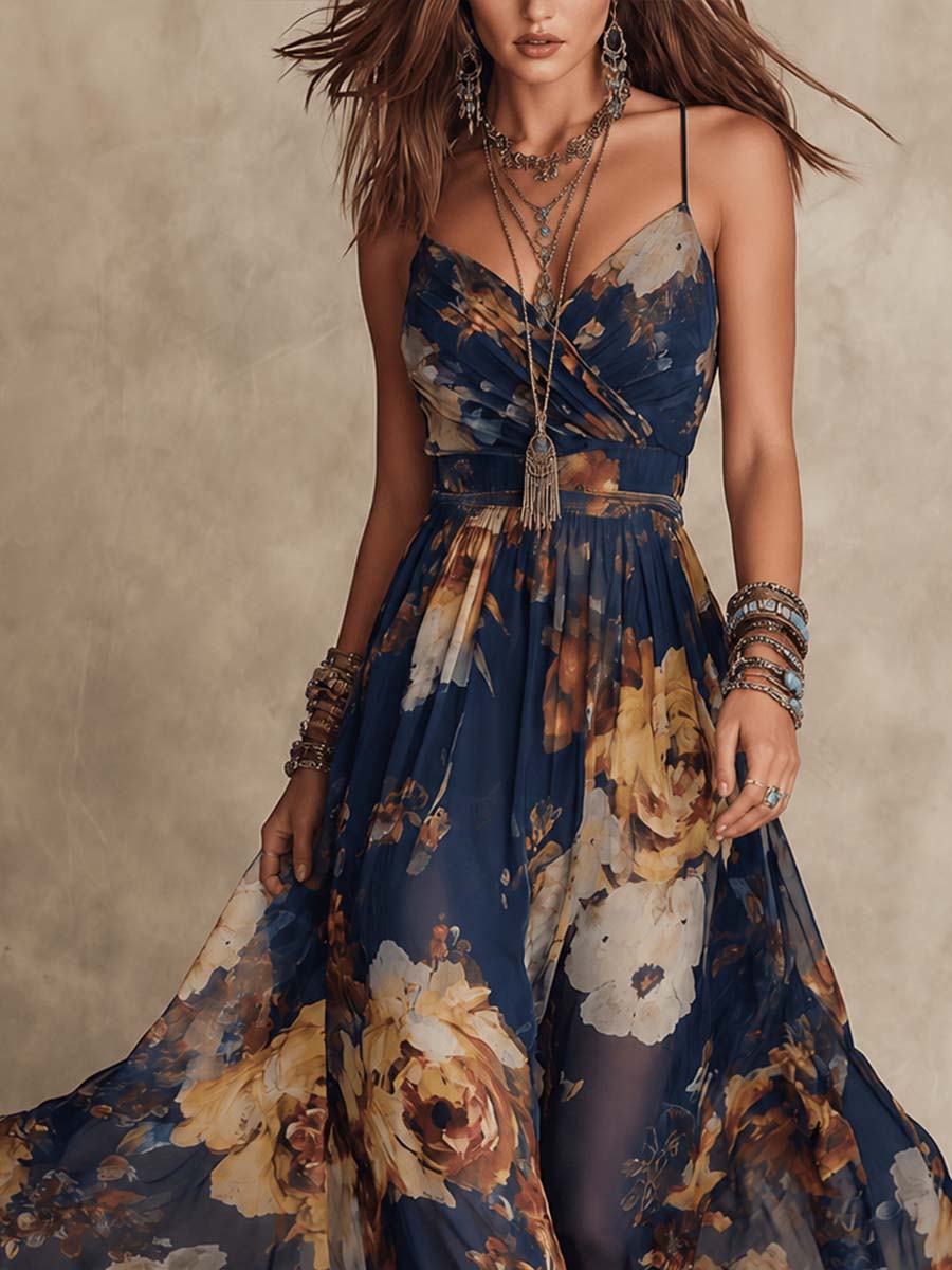 Vestito lungo in chiffon floreale con spalline sottili blu navy
