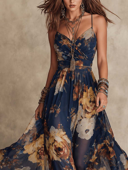 Vestito lungo in chiffon floreale con spalline sottili blu navy