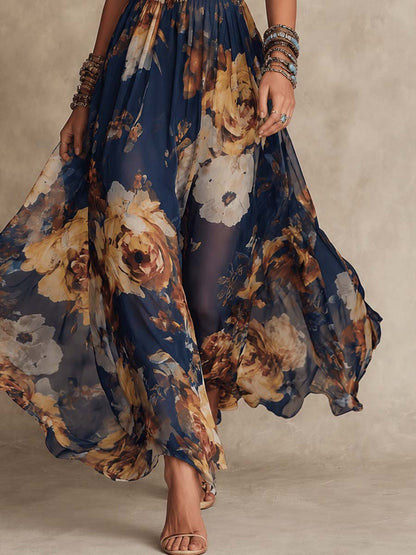 Vestito lungo in chiffon floreale con spalline sottili blu navy