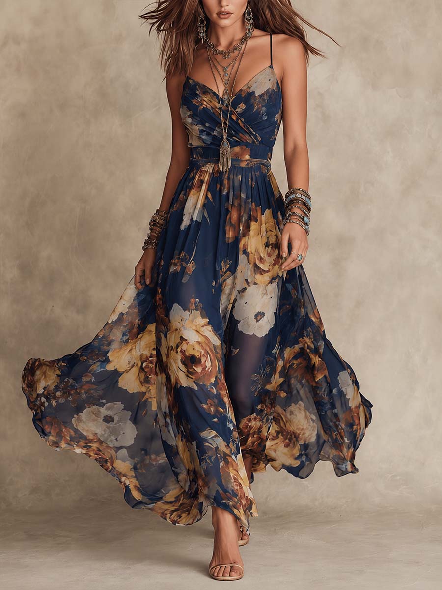 Vestito lungo in chiffon floreale con spalline sottili blu navy