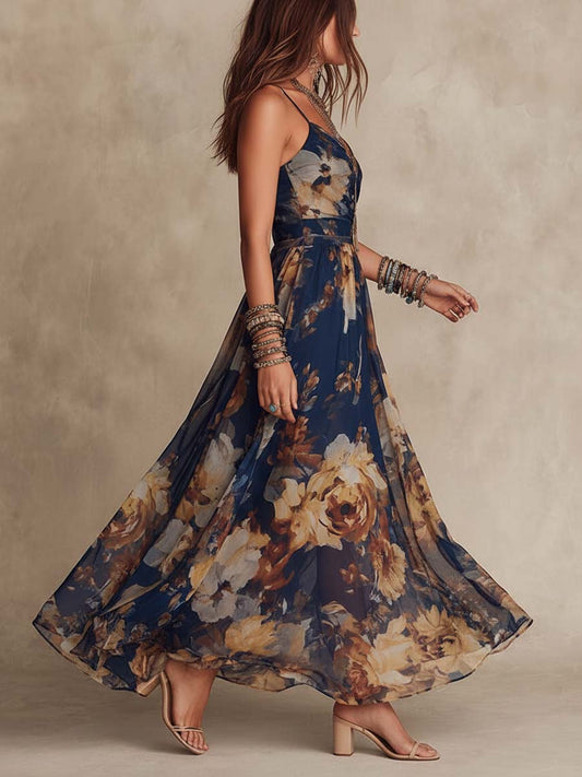 Vestito lungo in chiffon floreale con spalline sottili blu navy