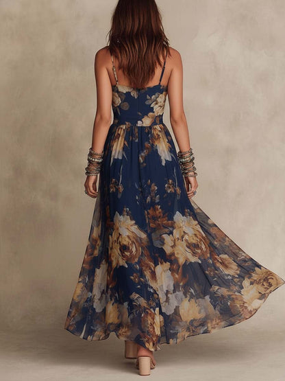 Vestito lungo in chiffon floreale con spalline sottili blu navy