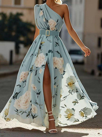 Vestito lungo monospalla floreale verde chiaro