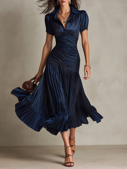 Vestido Midi Bodycon de Satén Plisado a Rayas Retro