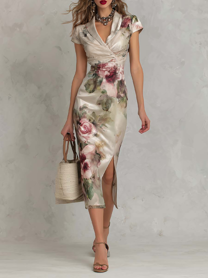 Vestido Midi Arrugado de Satén con Estampado Floral y Abertura Lateral