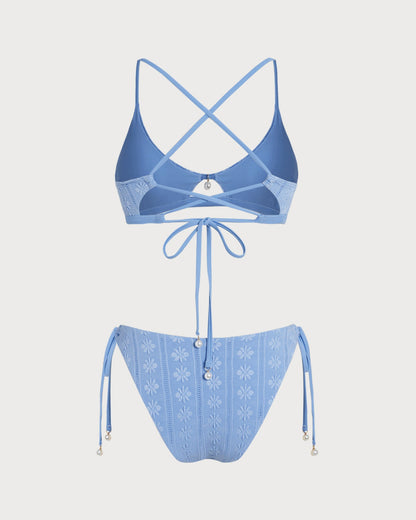 Completo Bikini Triangolare Floreale Blu con Scollatura a U