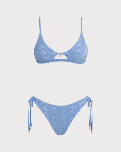 Completo Bikini Triangolare Floreale Blu con Scollatura a U