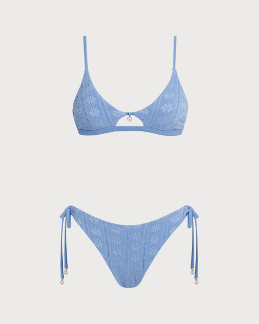 Completo Bikini Triangolare Floreale Blu con Scollatura a U